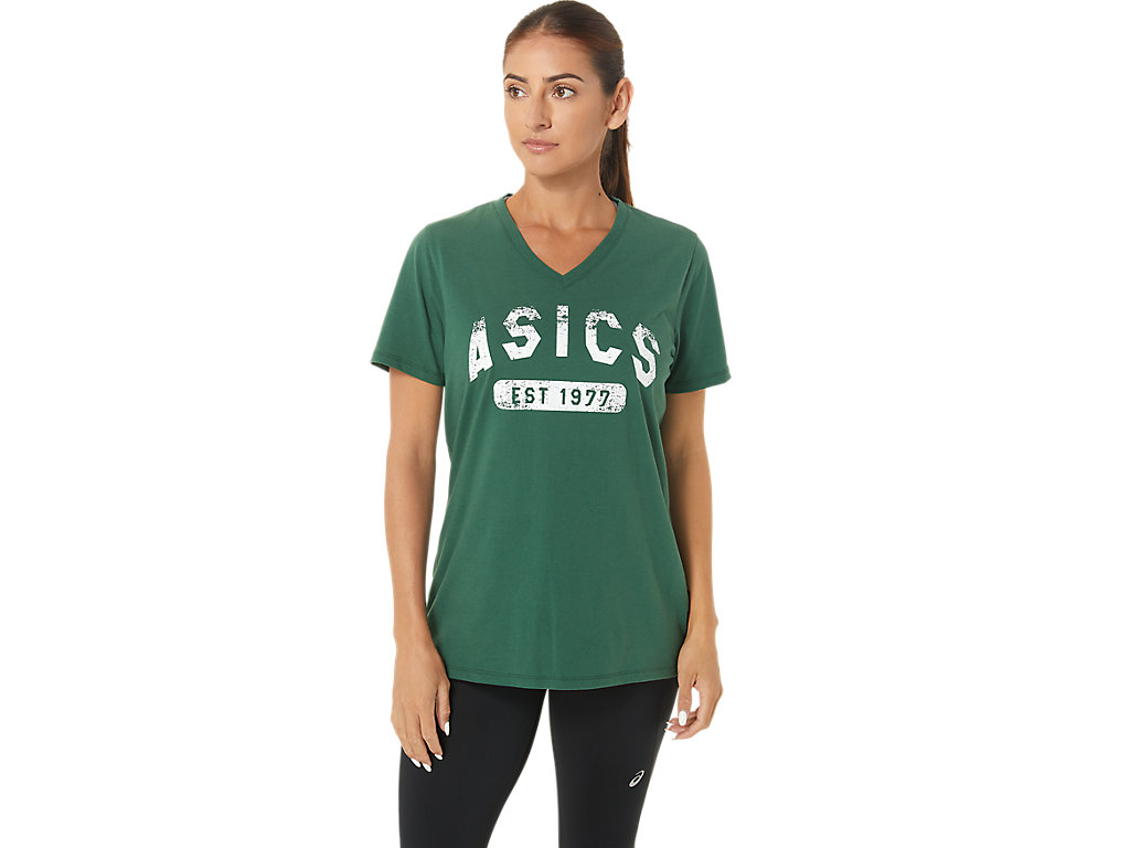 Dámské Tričko Asics Krátké Sleeve Est 1977 V-Neck Tee Zelene | 1804-IDZWX