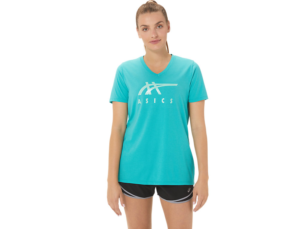 Dámské Tričko Asics Stripes V-Neck Tyrkysové | 7063-VSUJX